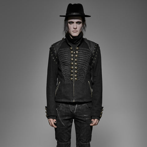 Schwarze, robuste Denim-Punk-Jacke für Männer mit abnehmbaren Ärmeln