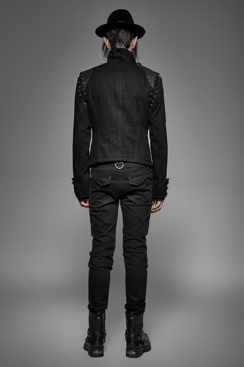 Schwarze, robuste Denim-Punk-Jacke für Männer mit abnehmbaren Ärmeln