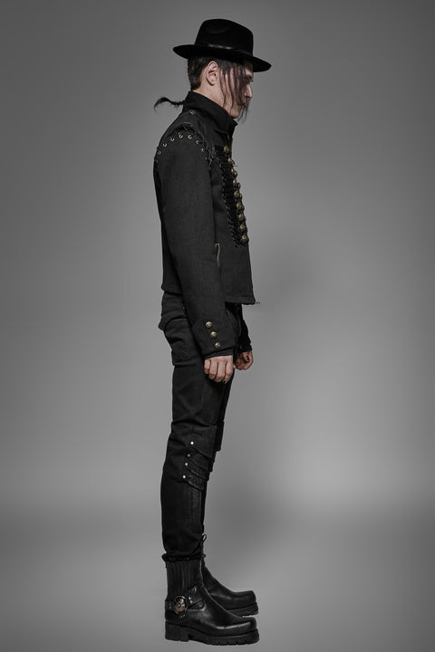 Schwarze, robuste Denim-Punk-Jacke für Männer mit abnehmbaren Ärmeln
