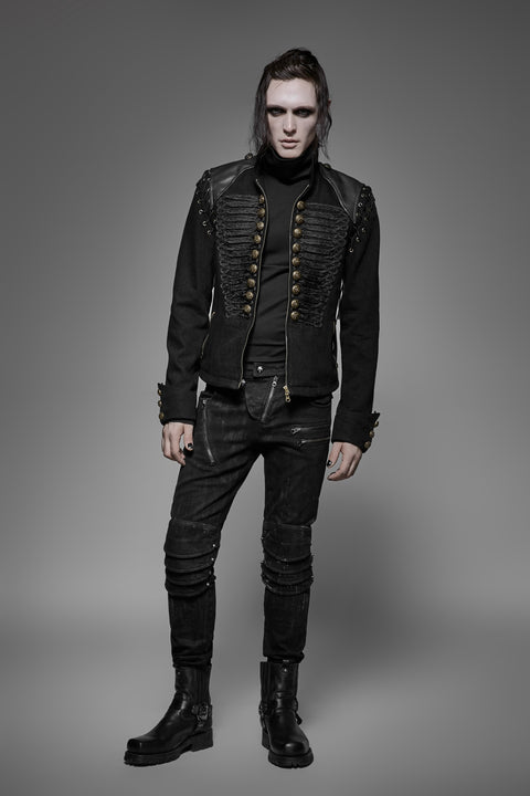 Schwarze, robuste Denim-Punk-Jacke für Männer mit abnehmbaren Ärmeln
