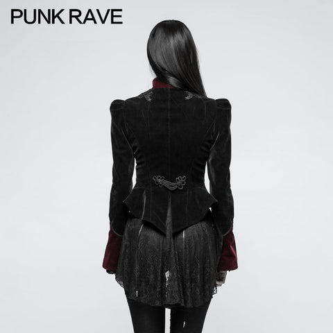 Damen Scissor-tail Samt Kurze Gothic Jacken Mit Schwarz-roter Rosenspitze