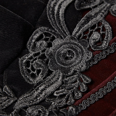 Damen Scissor-tail Samt Kurze Gothic Jacken Mit Schwarz-roter Rosenspitze