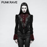 Damen Scissor-tail Samt Kurze Gothic Jacken Mit Schwarz-roter Rosenspitze