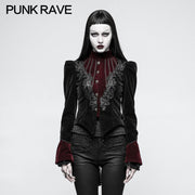 Damen Scissor-tail Samt Kurze Gothic Jacken Mit Schwarz-roter Rosenspitze