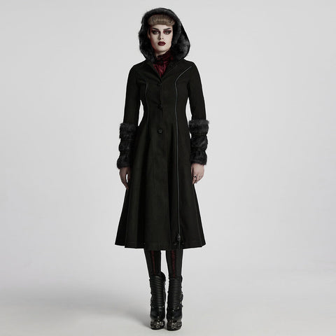 Winter Wollmantel Lang Schwarz Gothic Mantel Für Frauen Zwei Tragen Kunstpelzmantel