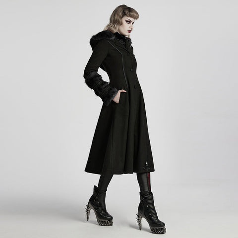 Winter Wollmantel Lang Schwarz Gothic Mantel Für Frauen Zwei Tragen Kunstpelzmantel