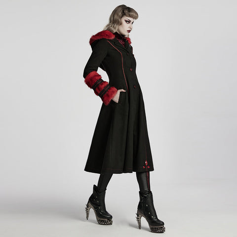 Winter Wollmantel Lang Schwarz Gothic Mantel Für Frauen Zwei Tragen Kunstpelzmantel