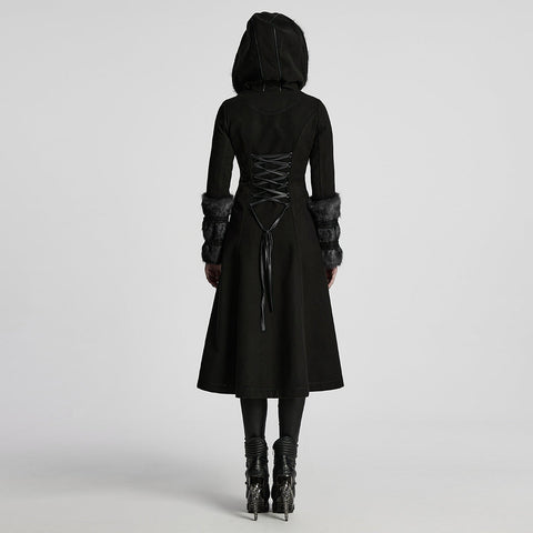 Winter Wollmantel Lang Schwarz Gothic Mantel Für Frauen Zwei Tragen Kunstpelzmantel