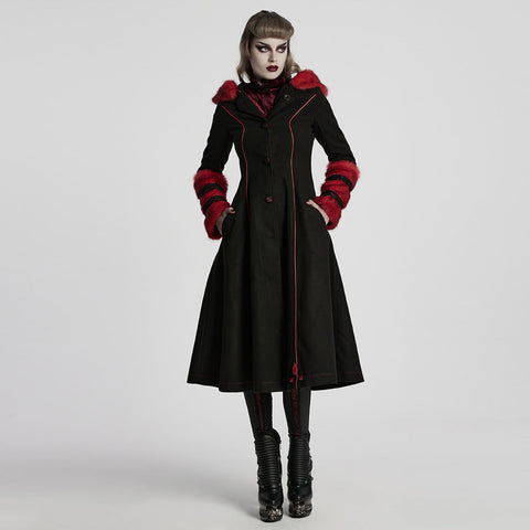 Winter Wollmantel Lang Schwarz Gothic Mantel Für Frauen Zwei Tragen Kunstpelzmantel
