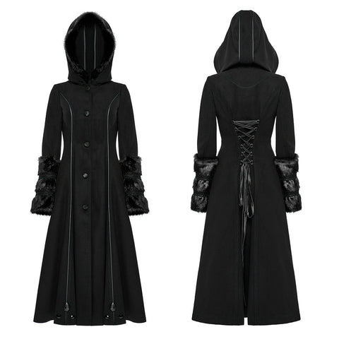 Winter Wollmantel Lang Schwarz Gothic Mantel Für Frauen Zwei Tragen Kunstpelzmantel