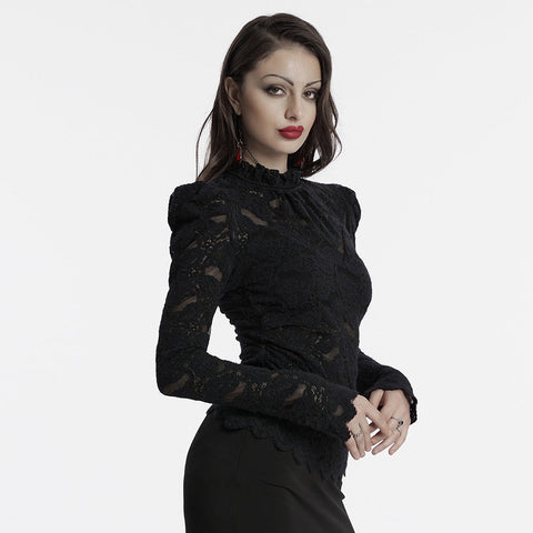 Gothic-T-Shirt mit Stehkragen und Spitze