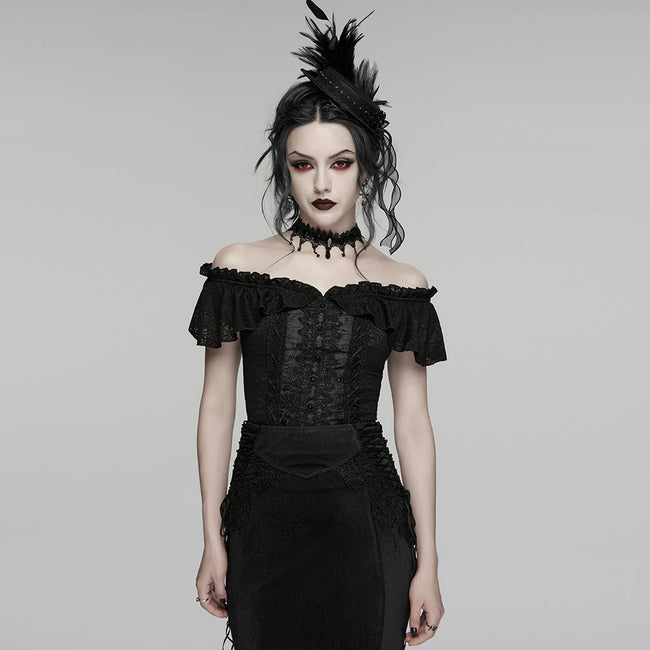 Gothic Rüschen-T-Shirt mit schulterfreiem Ausschnitt