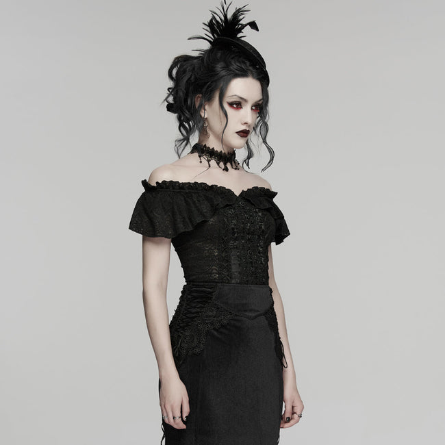 Gothic Rüschen-T-Shirt mit schulterfreiem Ausschnitt