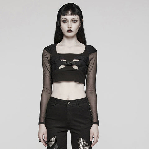 Gothic-Oberteil aus elastischem Strick-Totenkopf