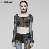 PUNK-Langarm-T-Shirt aus Netzstoff mit Batikmuster