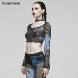 PUNK-Langarm-T-Shirt aus Netzstoff mit Batikmuster