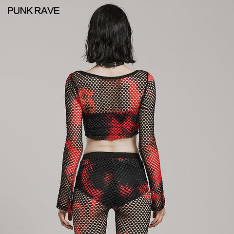PUNK-Langarm-T-Shirt aus Netzstoff mit Batikmuster