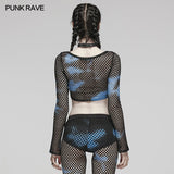 PUNK-Langarm-T-Shirt aus Netzstoff mit Batikmuster