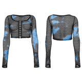 PUNK-Langarm-T-Shirt aus Netzstoff mit Batikmuster