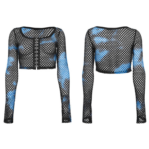 PUNK-Langarm-T-Shirt aus Netzstoff mit Batikmuster
