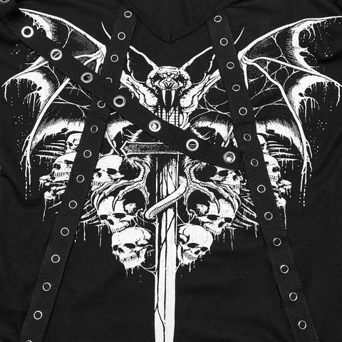 T-Shirt mit Punk-Fledermaus-Totenkopf-Aufdruck