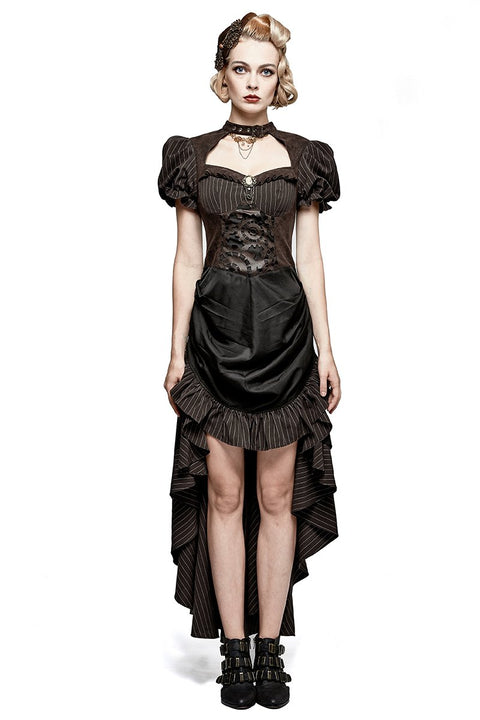 Steampunk British Style Coffee Puff Ärmel High Low Punk Kleid