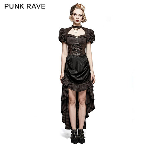 Steampunk British Style Coffee Puff Ärmel High Low Punk Kleid