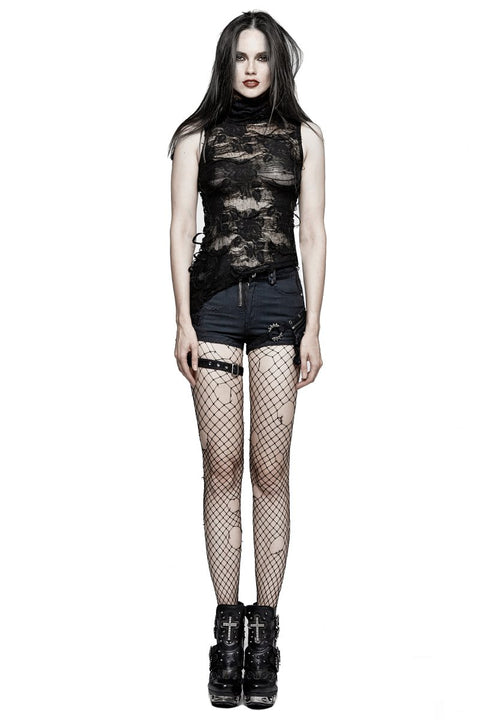 High Collar Torn Flower Dekadente ärmellose Gothic T-Shirts