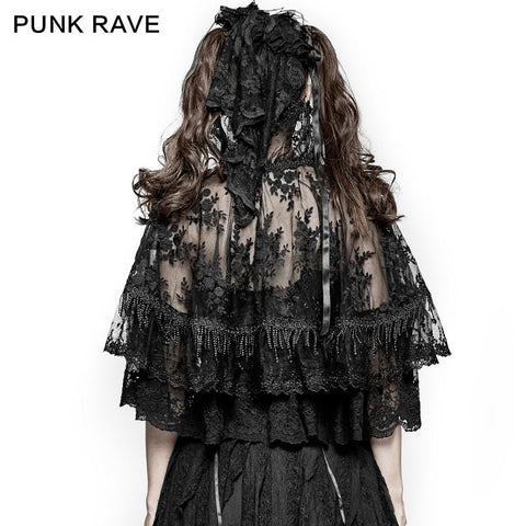 Blumengestickter Gothic-Mantel mit hoher Kragenspitze / Lolita-Umhang