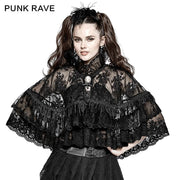 Blumengestickter Gothic-Mantel mit hoher Kragenspitze / Lolita-Umhang