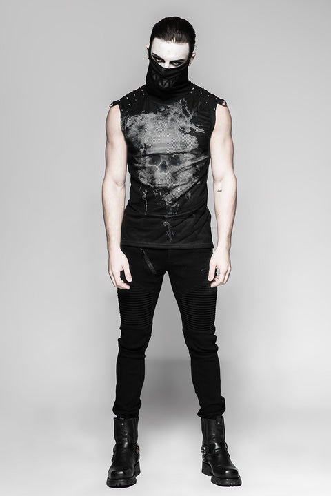 Black Rivets Puff Printing Strickkragen Herren Ärmellose Punk Weste