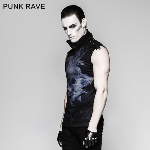 Black Rivets Puff Printing Strickkragen Herren Ärmellose Punk Weste