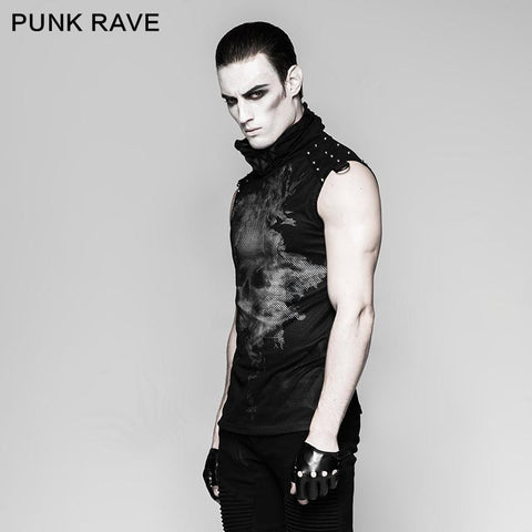 Black Rivets Puff Printing Strickkragen Herren Ärmellose Punk Weste