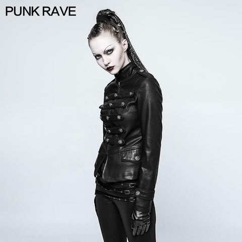 Frauen kurze Leder Punk Mantel Mantel Kragen Militäruniform