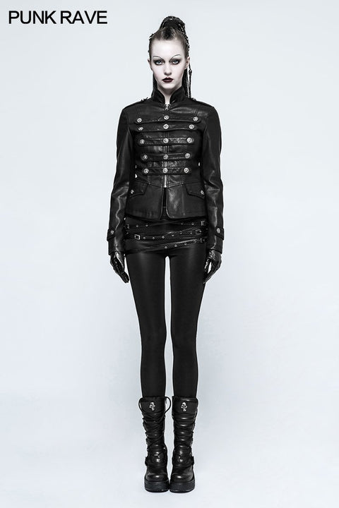 Frauen kurze Leder Punk Mantel Mantel Kragen Militäruniform