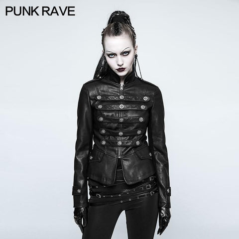Frauen kurze Leder Punk Mantel Mantel Kragen Militäruniform