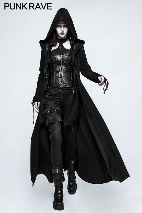 Frauen Dark Angel Long Gothic Mantel Hooded Fake Two Piece