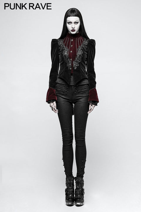 Damen Scissor-Tail Velvet Short Gothic Jacken mit schwarz-roter Rose Spitze