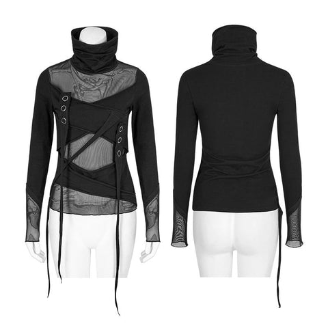 Dünne sexy schwarze Mesh Punk T-Shirts Schneider Netzwerk Mutil Split Design