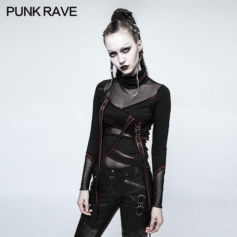 Dünne sexy schwarze Mesh Punk T-Shirts Schneider Netzwerk Mutil Split Design