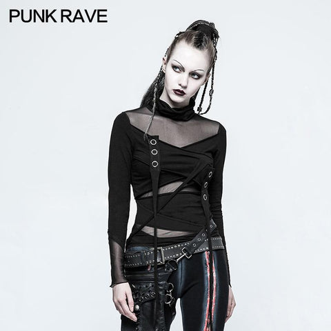 Dünne sexy schwarze Mesh Punk T-Shirts Schneider Netzwerk Mutil Split Design
