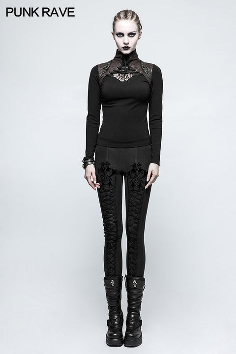 Steampunk Anti-Straps Langarm-Punk-T-Shirts mit hohem Halskragen