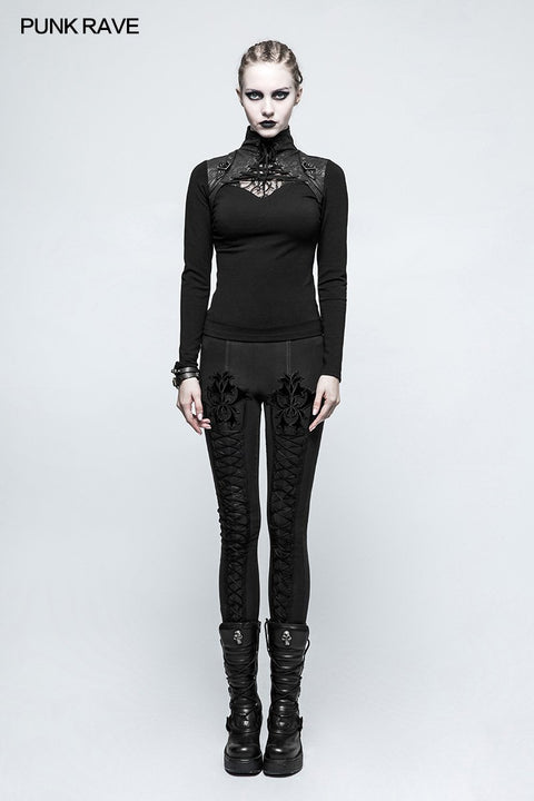 Steampunk Anti-Straps Langarm-Punk-T-Shirts mit hohem Halskragen