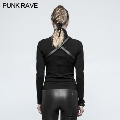 Steampunk Anti-Straps Langarm-Punk-T-Shirts mit hohem Halskragen
