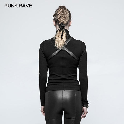 Steampunk Anti-Straps Langarm-Punk-T-Shirts mit hohem Halskragen