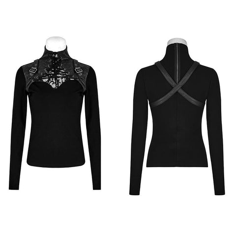 Steampunk Anti-Straps Langarm-Punk-T-Shirts mit hohem Halskragen