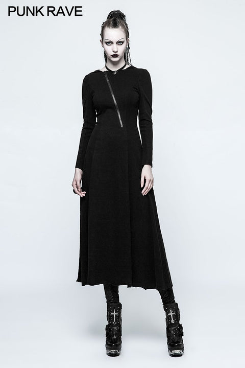 Schlanke sexy schwarze gestrickte gotische Kapuzenkleider mit ausgehöhltem Rücken