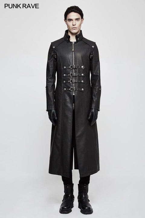 Winter Männer langer Leder Punk Mantel mit Stehkragen