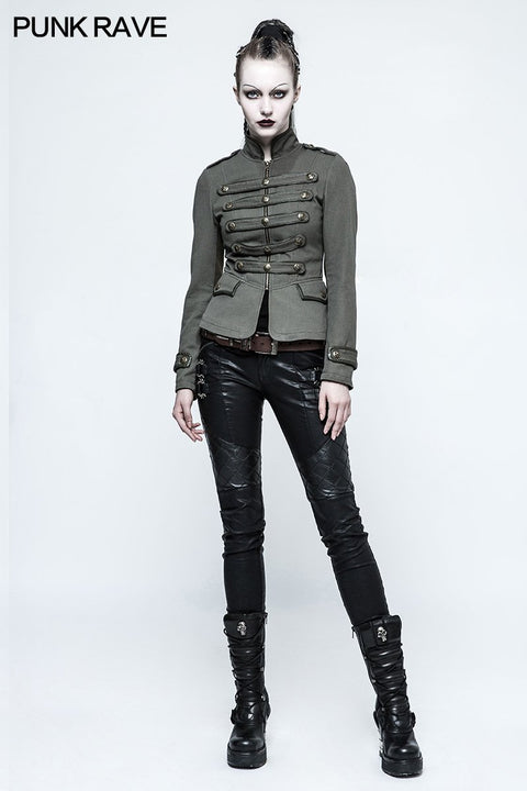 Frauen Militäruniform Grüner Kurzer Punkmantel Mit Stehkragen