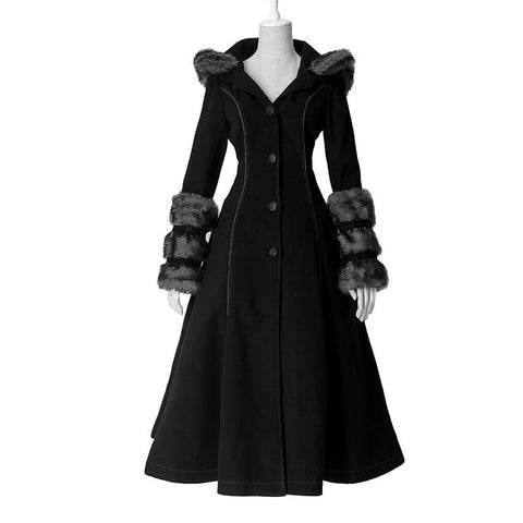 Winter Woolen Long Black Gothic Mantel für Frauen Zwei tragen Imitation Pelzmantel